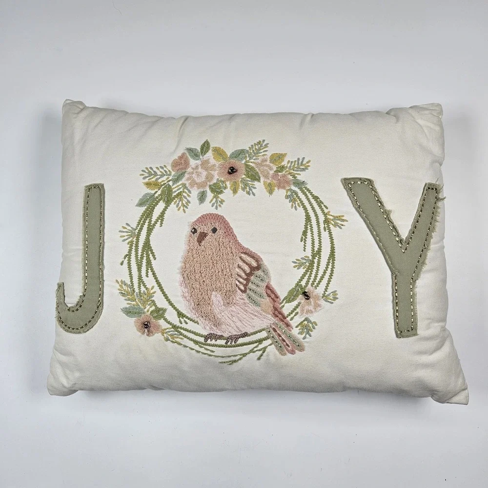 Pier‎ 1 Imports Cushion Cover Pillow Embroidered JOY Pink Bird Zipper Christmas
